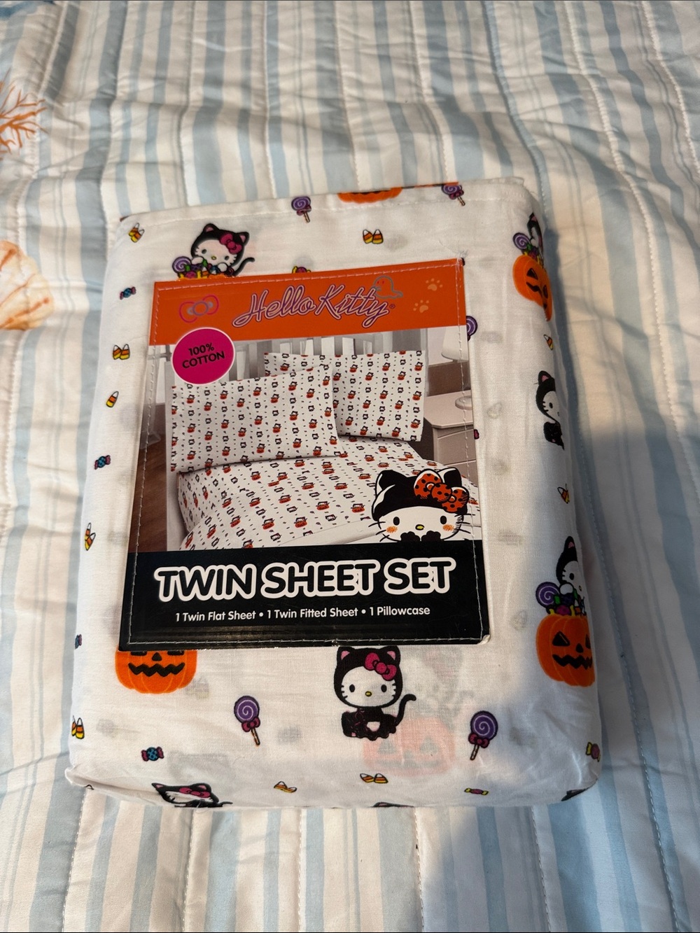 Hello Kitty White Sheet Set with Orange & Black Halloween Accents
